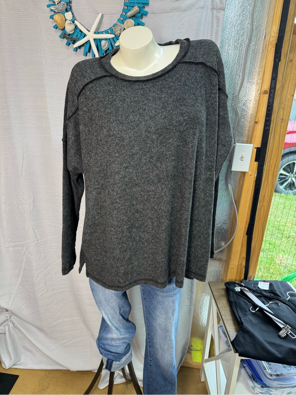NWOT Zenana BlackGray Hacci Dropped Shoulder Plus Relaxed Crewneck Top